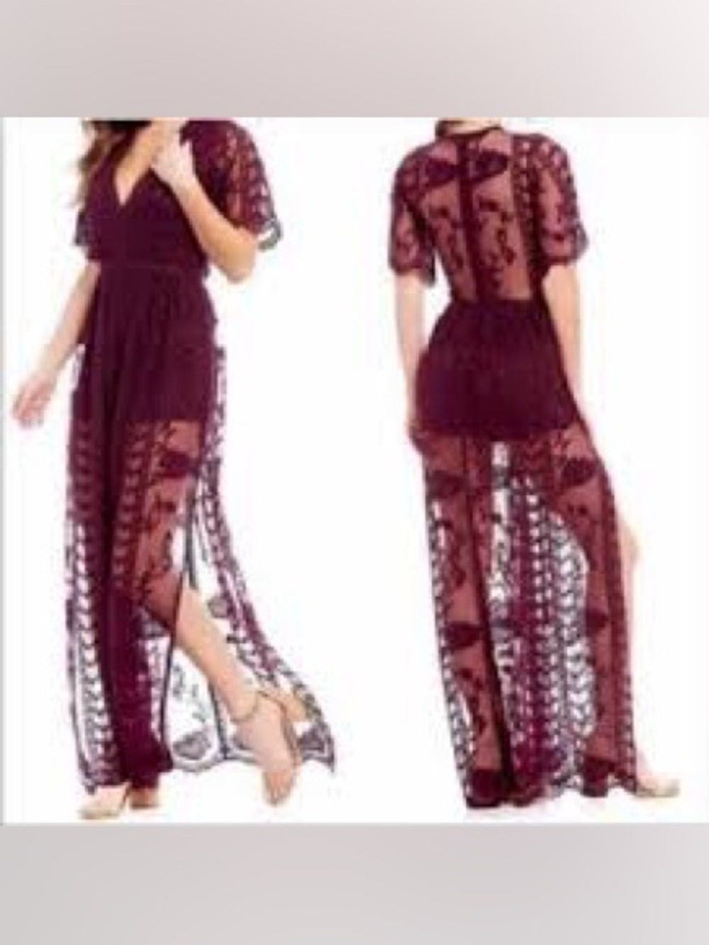 Gianni Bini Deep V-Neck Floral Embroidered Mesh Maxi Romper